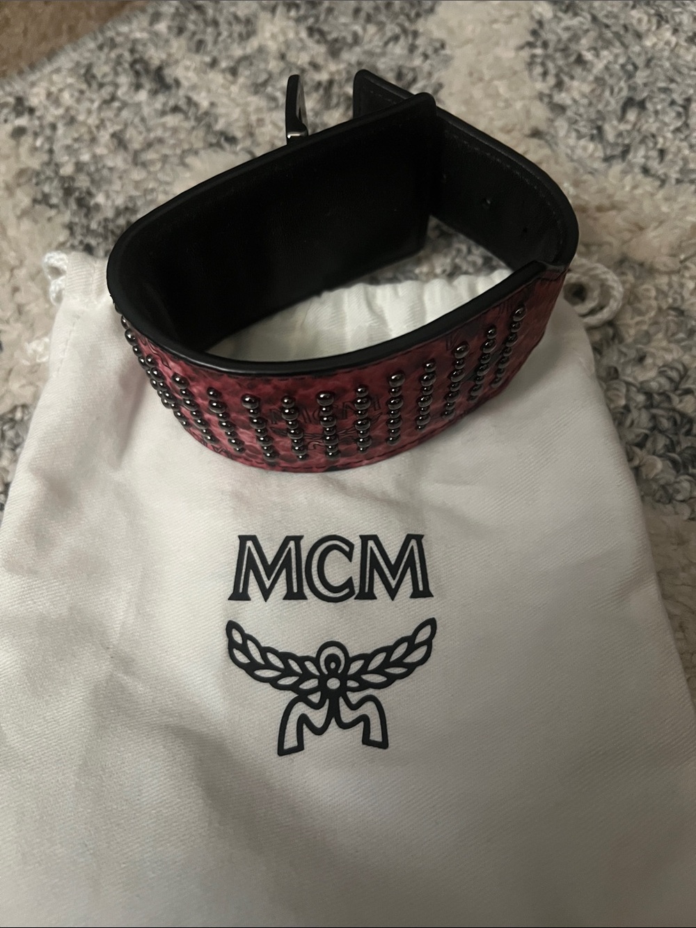 MCM Studded Pink Leather Cuff Bracelet with Black Interior